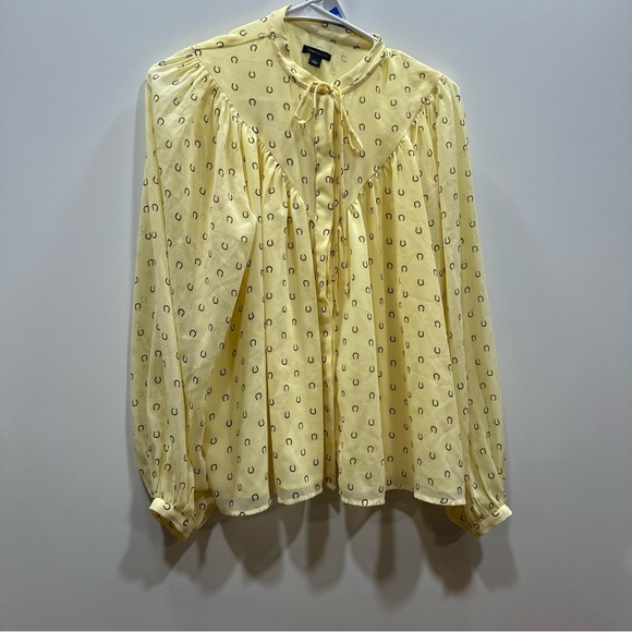 Ann Taylor Horseshoe V-Yoke Tie Neck Hidden Button Blouse Yellow S Equastrian - Picture 2 of 11